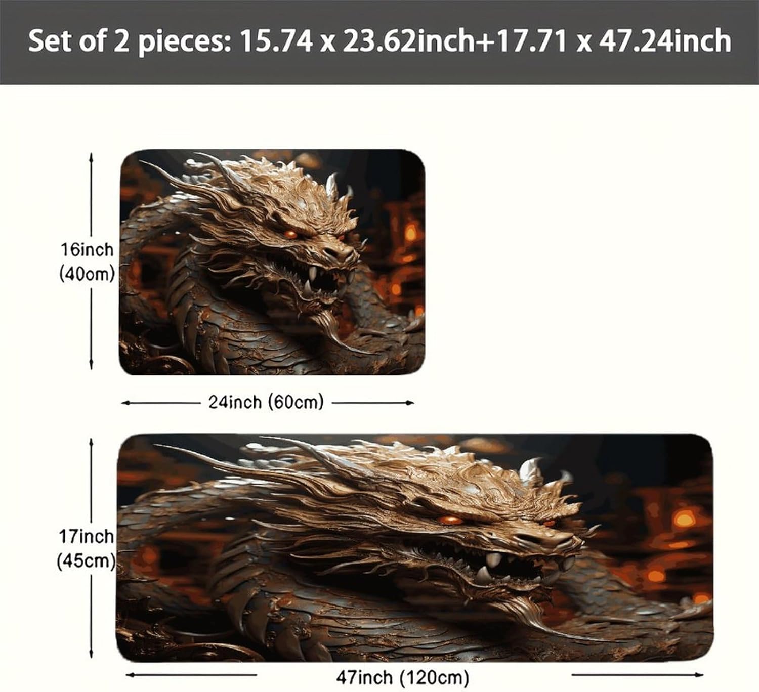 Golden Dragon on Red Background Kitchen Mats with 2PCS Non-Slip Washable,Kitchen Rug Heavy Duty Durable, Floor Mats for Kitchen,Office,Sink,Laundry