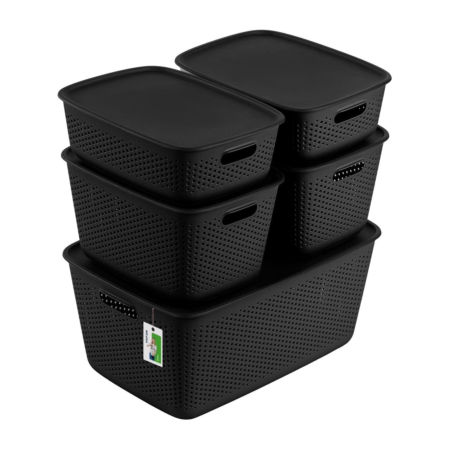 Aufbewahrungsbox 5er Set Deko-Box - 1x 45 Liter, 2x 10 Liter, 2x 17 Liter - Aufbewahrungskorb Behälter aus Kunststoff BPA Free Körbe zur Aufbewahrung Vorratsbehälter Luftzirkulationssystem, Schwarz