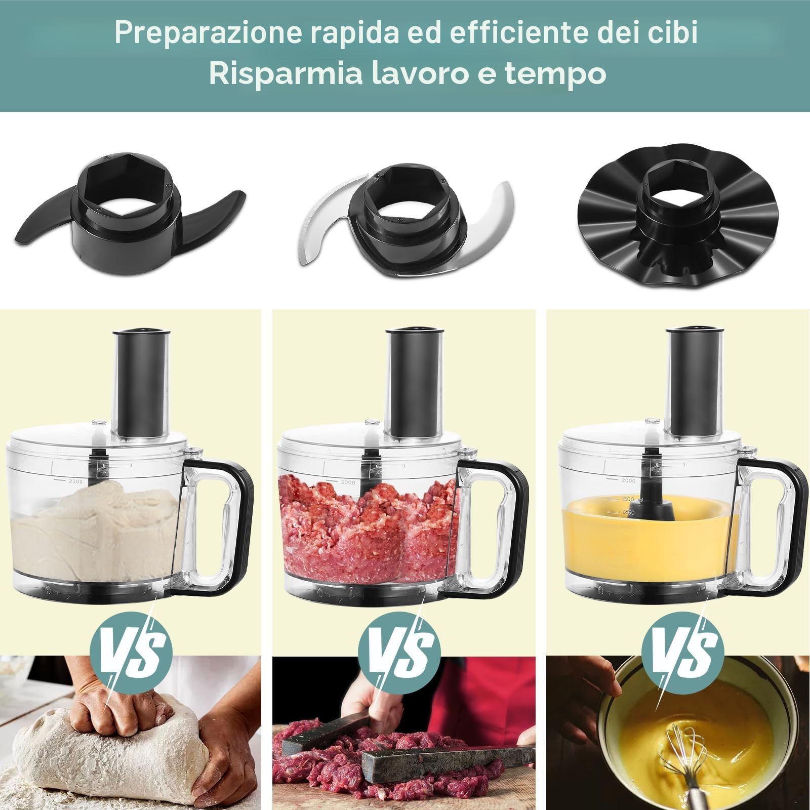 TopStrong Robot da Cucina, 800W Robot da Cucina Multifunzione, 2L Food Processor, 3 velocità Impostazione, con 3 dischi per il taglio a fette, tritatutto, impastatore, frusta,nero