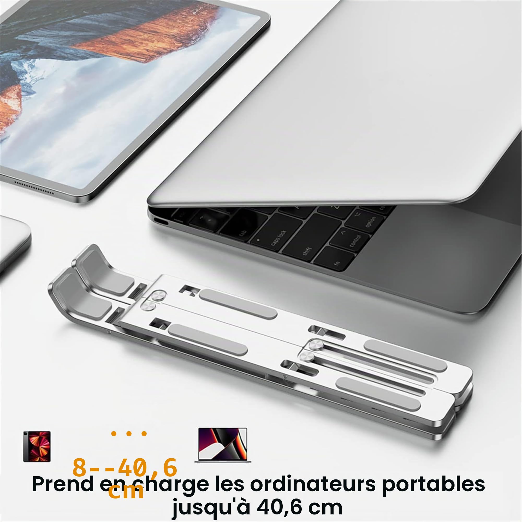 AiTodos® Support Ordinateur Portable, Alliage D'aluminium, Léger, Compact Portable Pliable - Ventilation et Dissipation de la Chaleur, Réglage à 6 Vitesses - Support pc Portable (Argent)