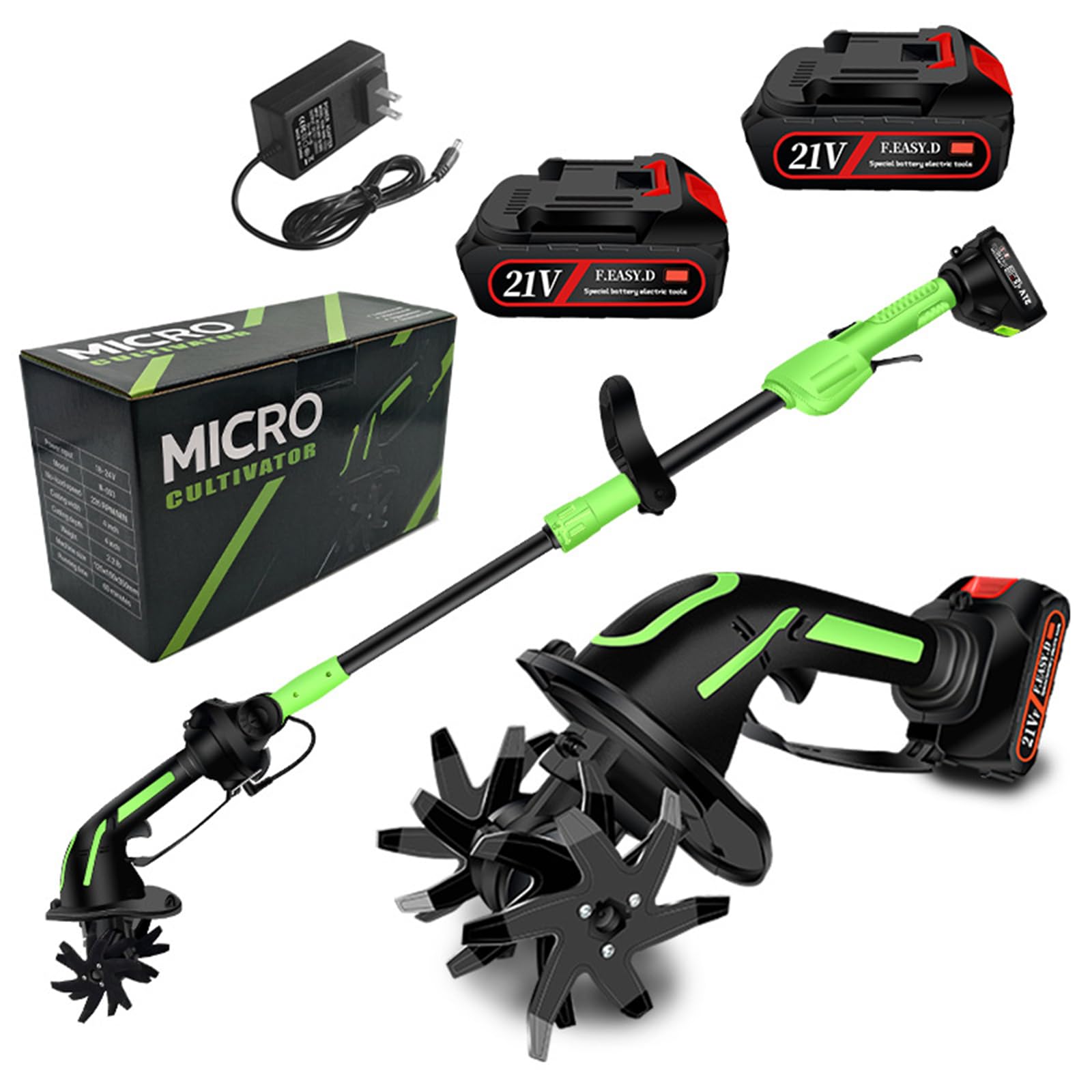 Motoculteur et cultivateur sans Fil avec rallonge, cultivateur de Jardin électrique, 2 Batteries et 1 Chargeur, pour Le désherbage, l'ameublissement du Sol et l'entretien de la pelouse