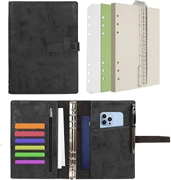 Wonderpool Leather Journal Refillable Binder A5 Writing Notebook Folder Organiser with Dotted Paper & Multi Pockets Cover for Business School Travel A5, Black