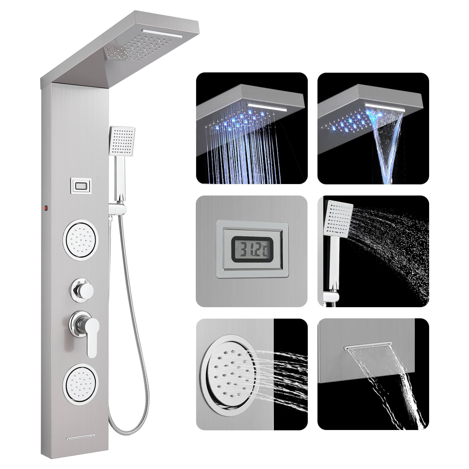 ROVOGO Colonne Panneau de Douche Hydromassante LED avec Robinetterie et Affichage, 5 Modes - Douche de Cascade, Pluie, Douchette, Jets de Massage, Bec de Baignoire, Brossé Acier Inox, Montage Mural