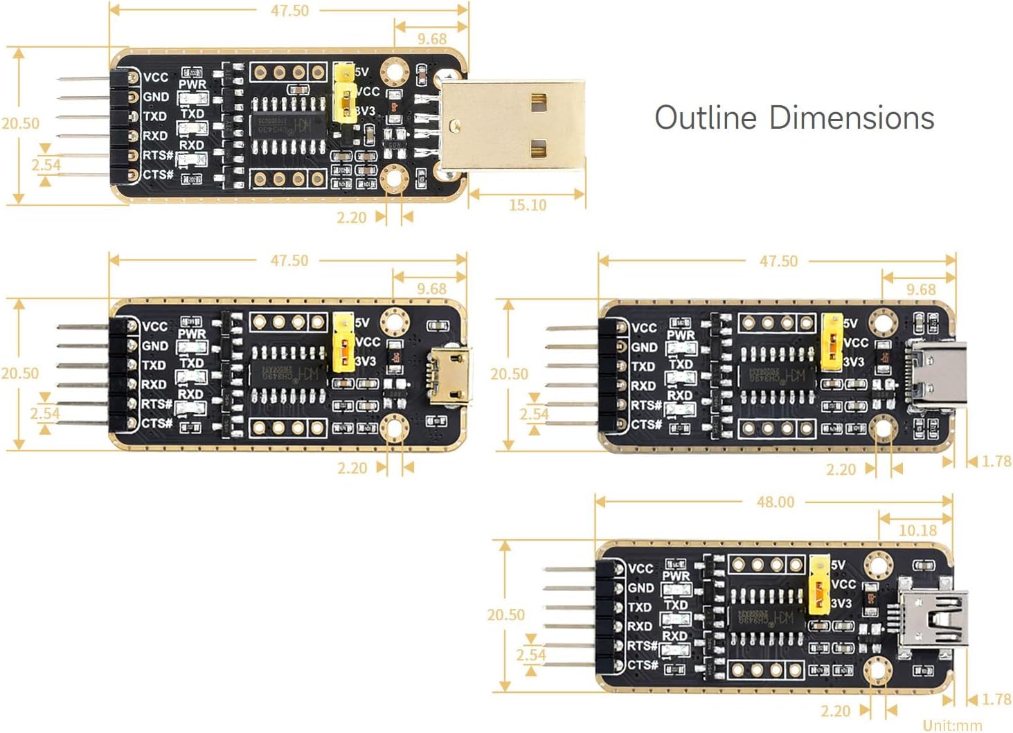 Diagram showing the outline dimensions of various USB to UART modules, including Type-A, Micro-USB, Mini-USB, and Type-C versions.