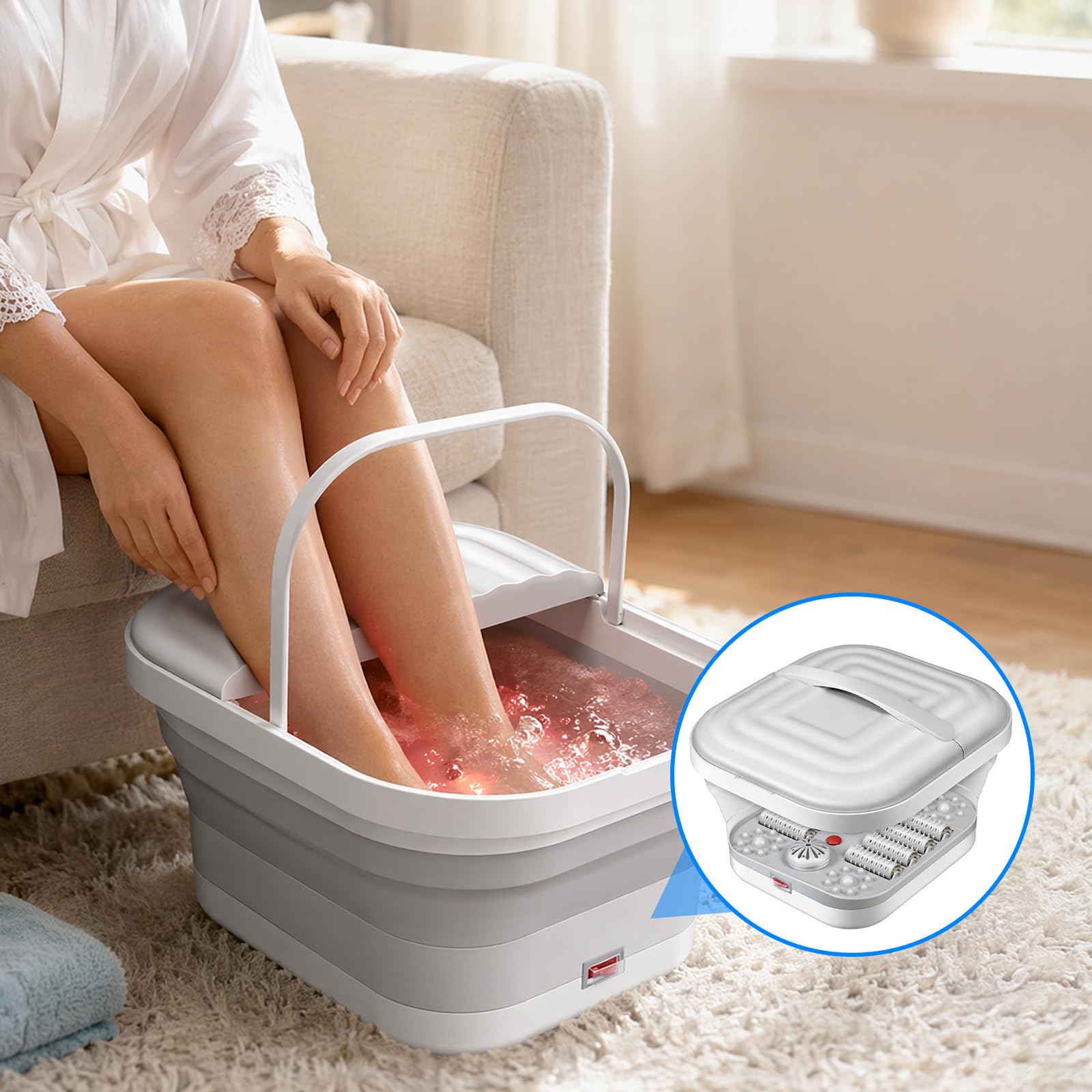 Fußsprudelbad, Fußmassagegerät, Fußbad Massagegerät Mit Massage & Infrarot Wärme, Faltbares Fussbadewanne Mit 4 Massagerollen Und Rotlicht Für Senioren & Home Office (Grau)