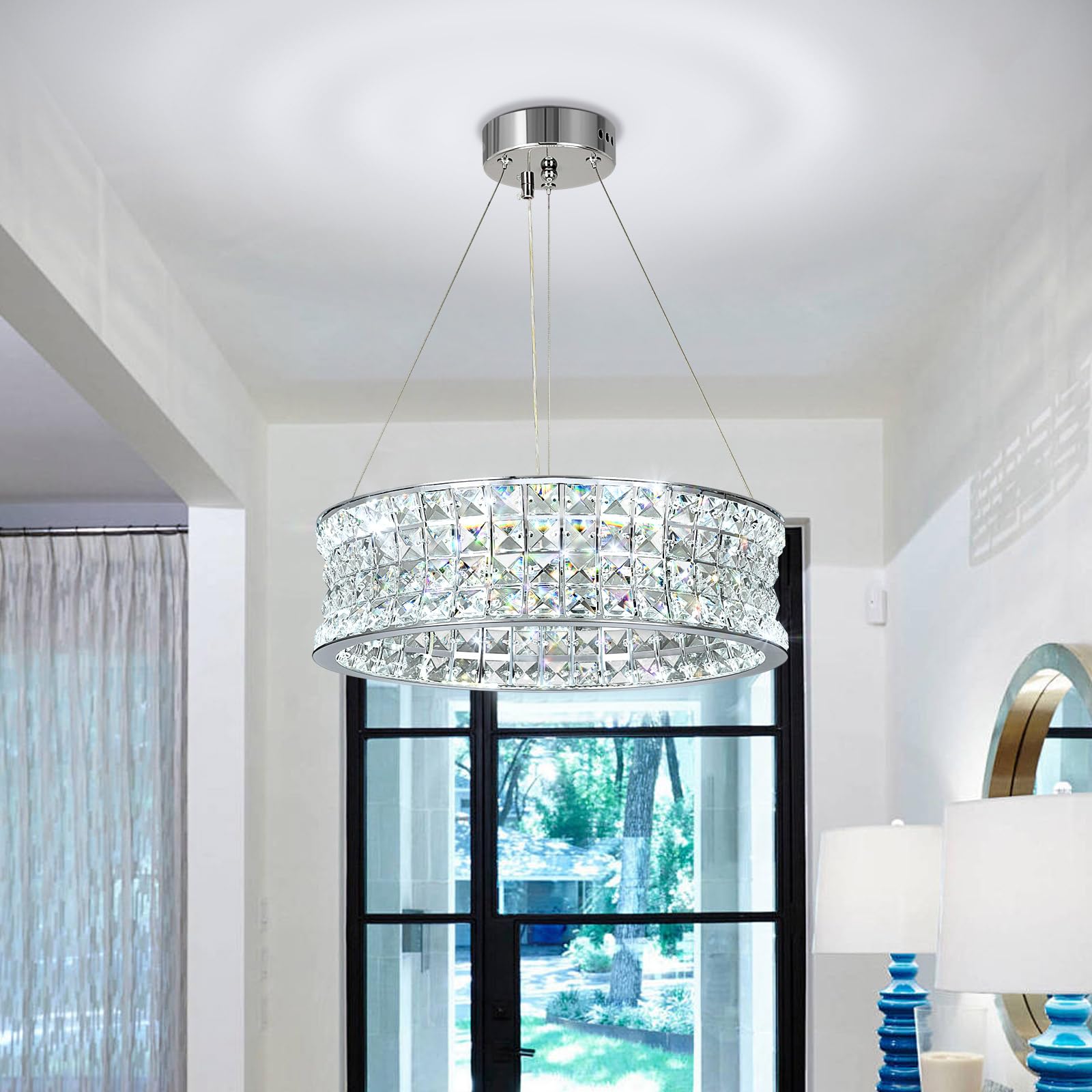 Moderna araña de cristal para el comedor, lámparas colgantes de LED cromo, lámpara colgante redonda de cristal para comedor, pasillo, balcón, isla de cocina, Φ40 cm