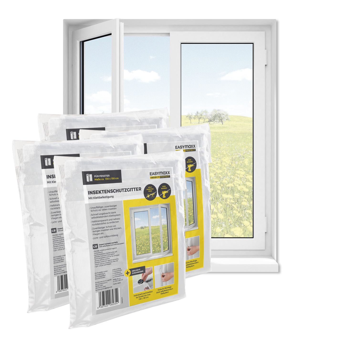 EASYmaxx Fliegengitter Fenster | Moskitonetz, Montage ohne Bohren | zuschneidbarer Insektenschutz Fenster bis 110 x 130 cm | Mückenschutz | Fliegennetz Klettband selbstklebend [4 Stück]