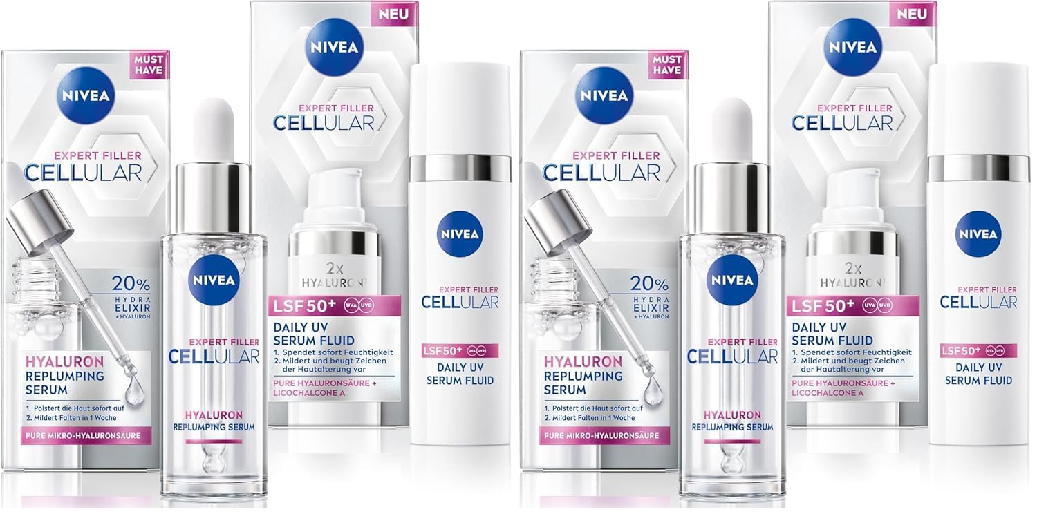 NIVEA CELLULAR Serum Routine Set mit Hyaluron-Serum und UV-Serum Fluid mit LSF 50, tägliche Gesichtspflege für geglättete Falten, leichte und schnell einziehende Formel (Packung mit 2)