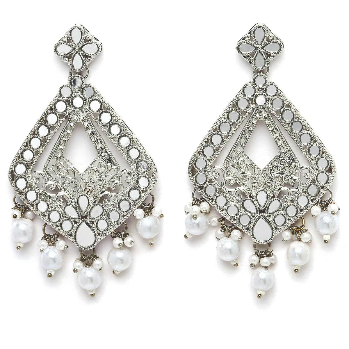 Karatcart Silver Plated Mirror Studded Diamond Shape Dangler Earrings for Women (B0BT1VFK48) Amazon Price History, Amazon Price Tracker