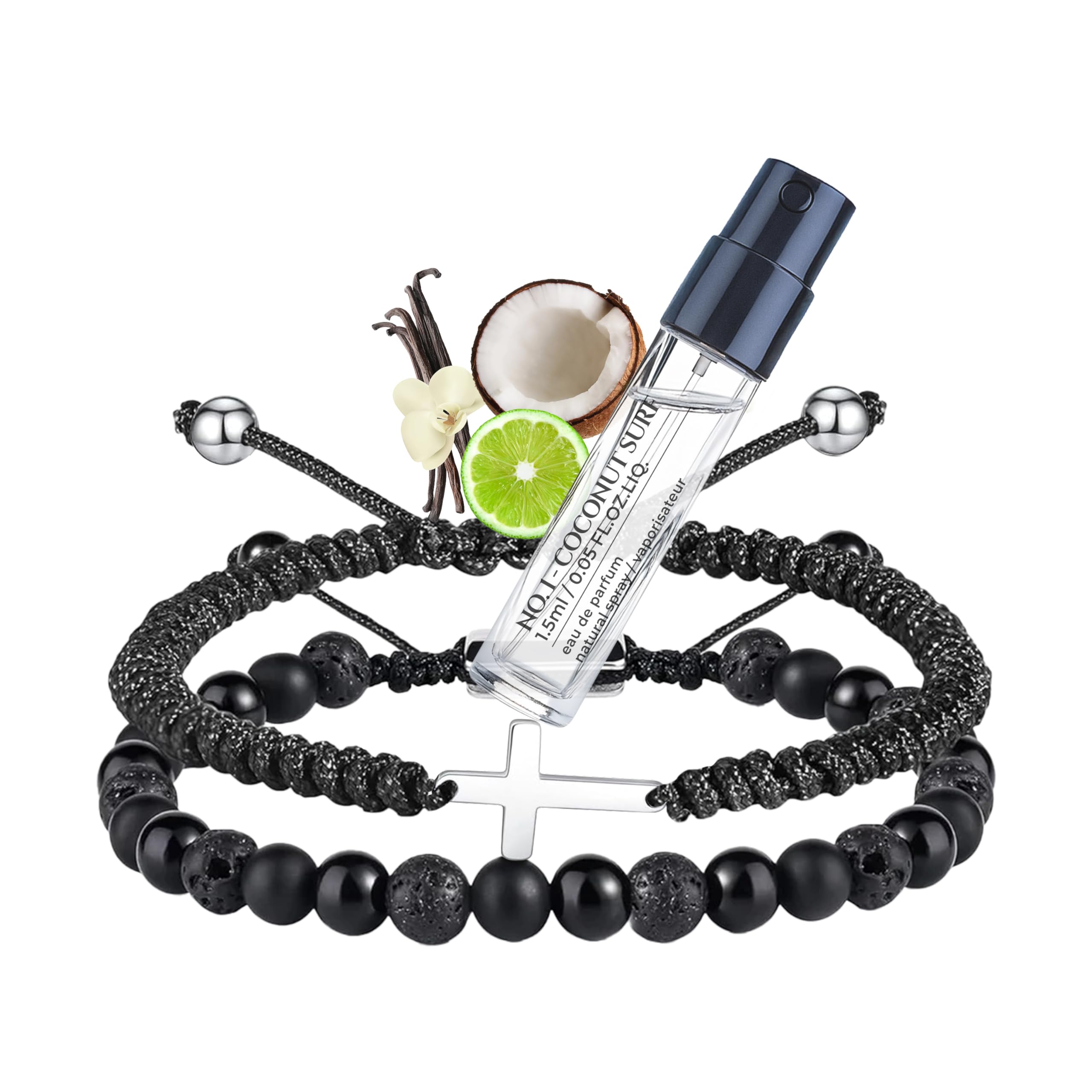 Volcanic Lava Rock Beaded Diffuser Pack of 2 - Essential Oil & Black Crystal Infused Beach Surf Aromatherapy - Coconut, Lime, Vanilla, & Sandalwood -