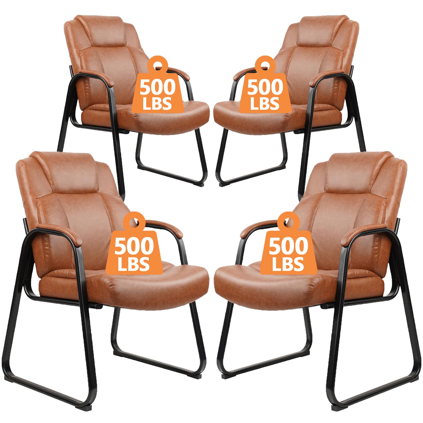 CLATINA Guest Chair Big &amp; Tall 500 lbs, PU Leather Office Reception Chairs, Sled Base, No Wheels, Brown, Set of 4 for Waiting Room, Conference, Lobby, Living Room