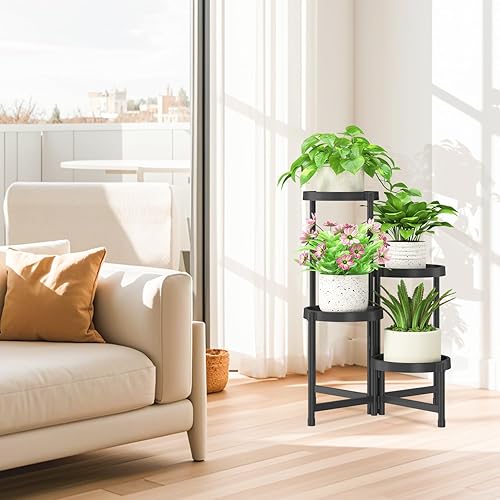 Miniatura 7 de iDavosic.ly Soporte plegable de 4 niveles para plantas para interiores y exteriores con bandeja de plástico, estante de esquina escalonada para