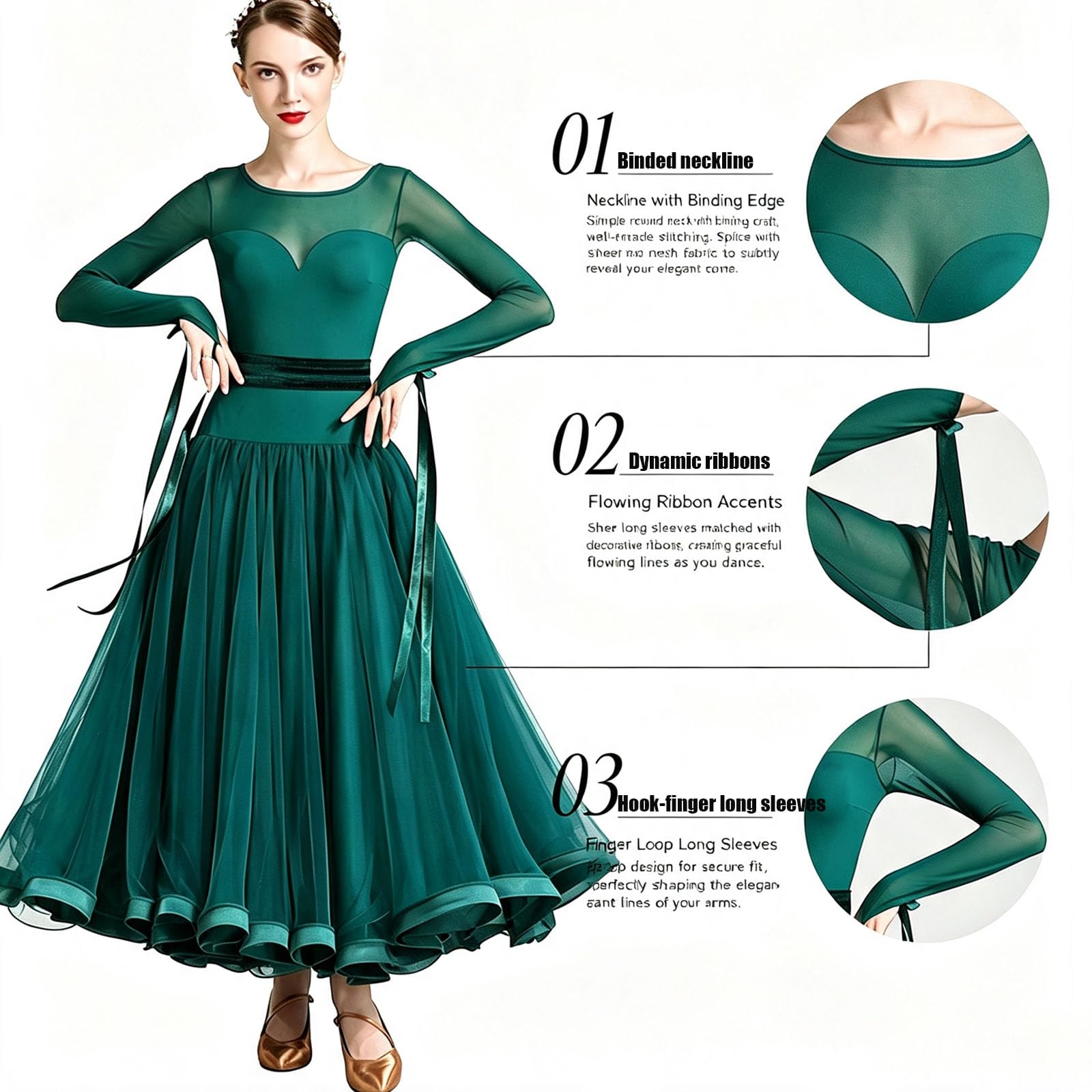 Robe Danse Salon Femme Manches Longues Résille Jupe Tulle Compétition Valse | Robe de danse de salon, Tenue de compétition danse standard, Robe de Compétition Valse Col rond Jupe Grande Volante en Tulle