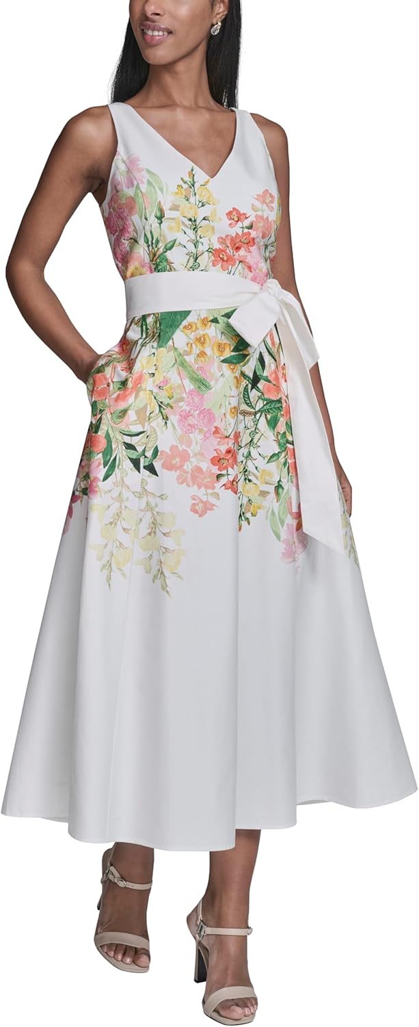 Karl Lagerfeld Women's Sleeveless V-Neck Cotton Sateen Midi Placement Floral Dress