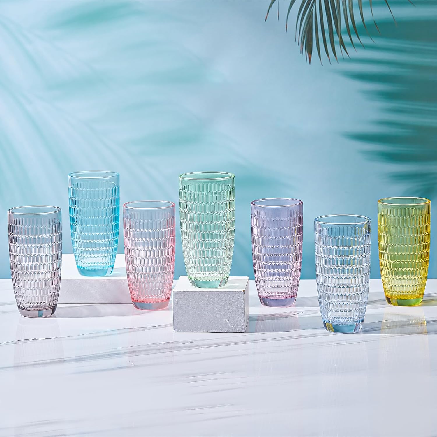 CREATIVELAND Highball Beverage Glasses Set of 6 Romantic Colored Thick & Heavy Base Big Capacity 14.87oz|440ml, Drinking Glass Tumblers for Iced Tea, Water, Soda & Juice and Cocktails (Yellow)