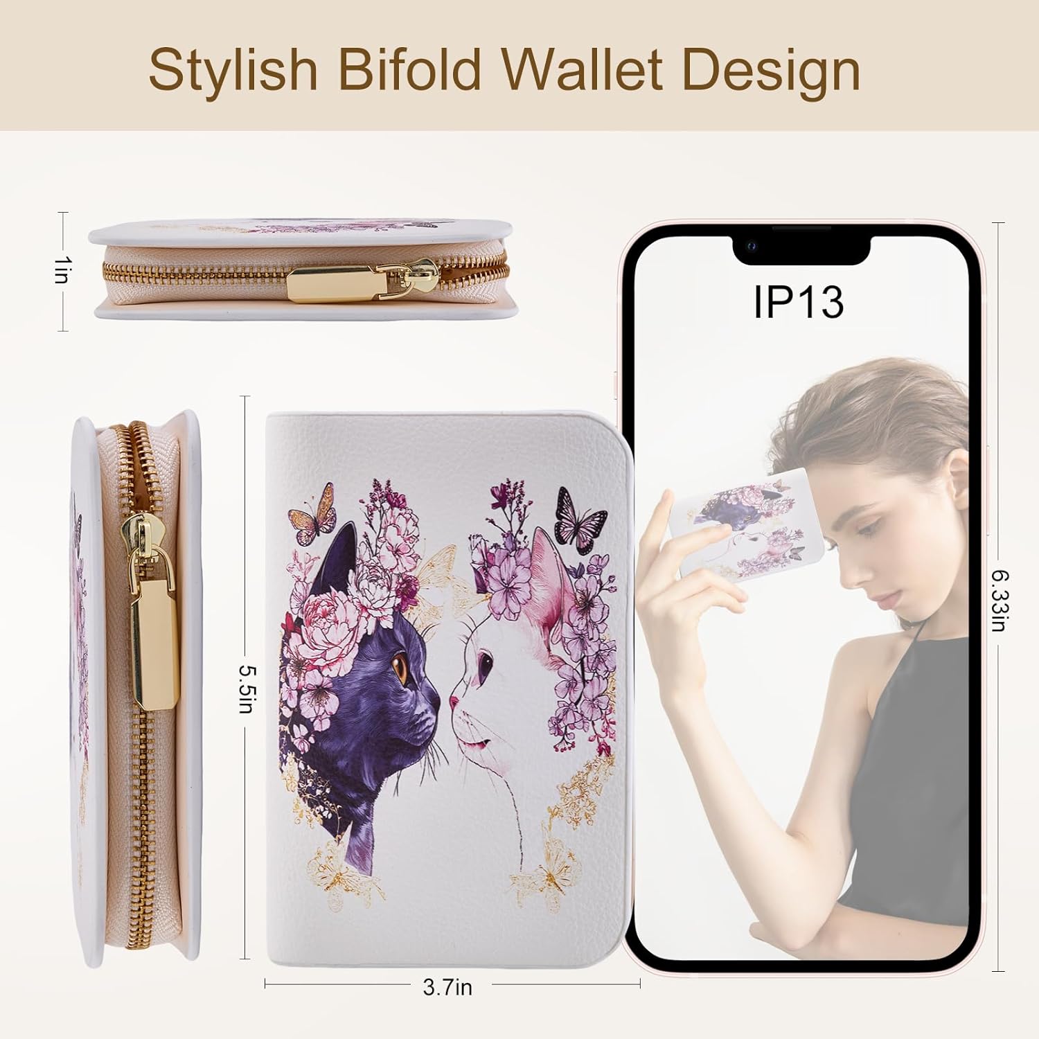 Cute Women Wallet, PU Little Women Coin Purse Wallet-Zipper Pocket Wallet,Small Slim Thin Credit Card Wallet for Female Ladies Teen Girls Girly,Cat Pattern (YinYang Bloom Cats) - Image 2