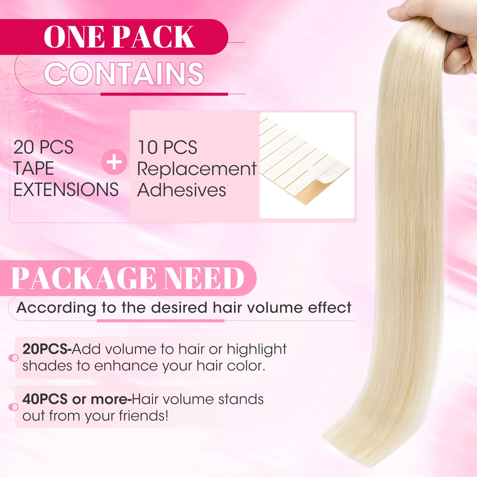 MY-LADY Seamless Invisible Tape Hair Extensions - 20pcs Remy Real Human Hair Straight #60 Platinum Blonde - 14 Inch 40g - Image 4