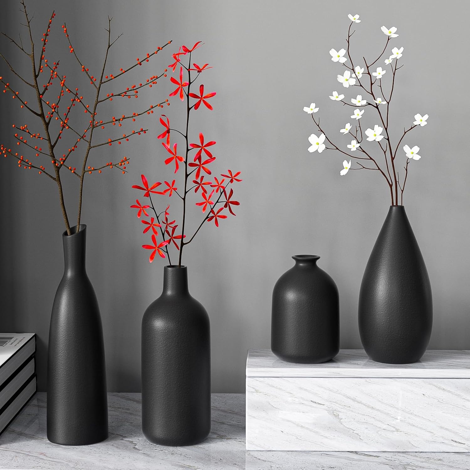 Black Ceramic Vase Set of 4,Modern Minimalist Vase Decor for Bookshelf,Dining Room Coffee Console Table Centerpieces