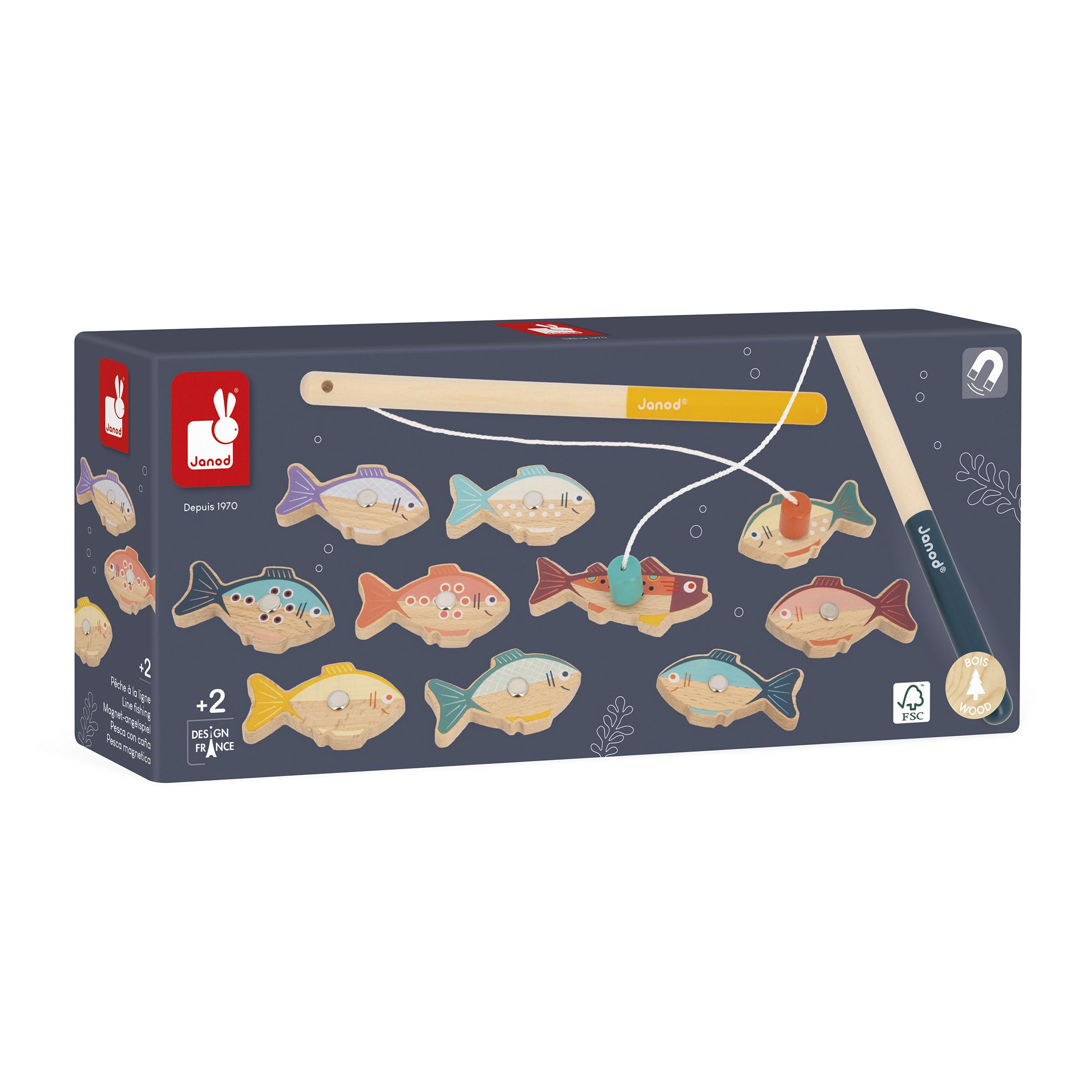 Janod - Gioco di Pesca con Canna da Pesca in Legno - 2 canne da Pesca + 10 Pesci - 1 o 2 Giocatori - Giocattolo educativo in Legno - dai 2 Anni