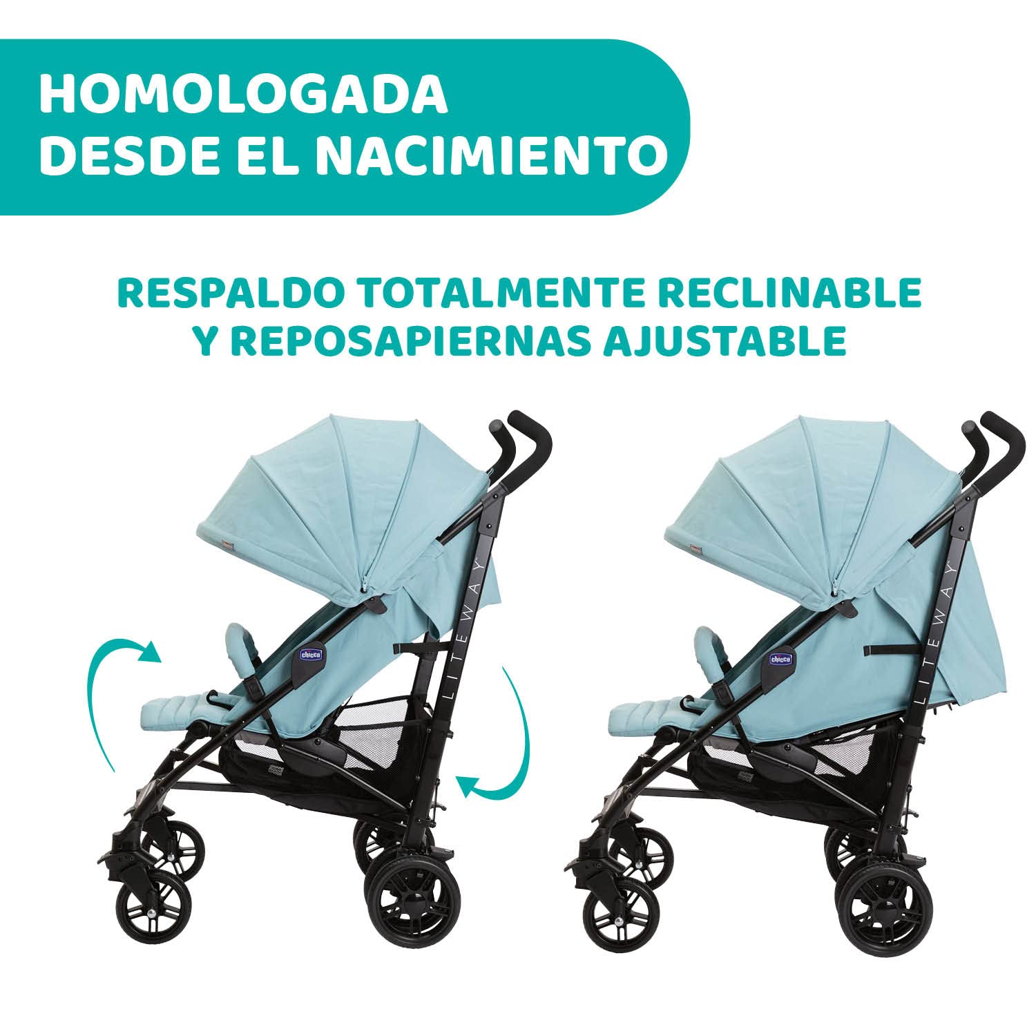 Chicco Silla de Paseo Liteway 4, Chasis de Aluminio Ligero, De 0 a 22Kg, Límite de Peso 25Kg, Manillas Acolchadas, Respaldo en 4 Posiciones, Reposapiernas, Capota XL Ajustable, Azul (Hydra)