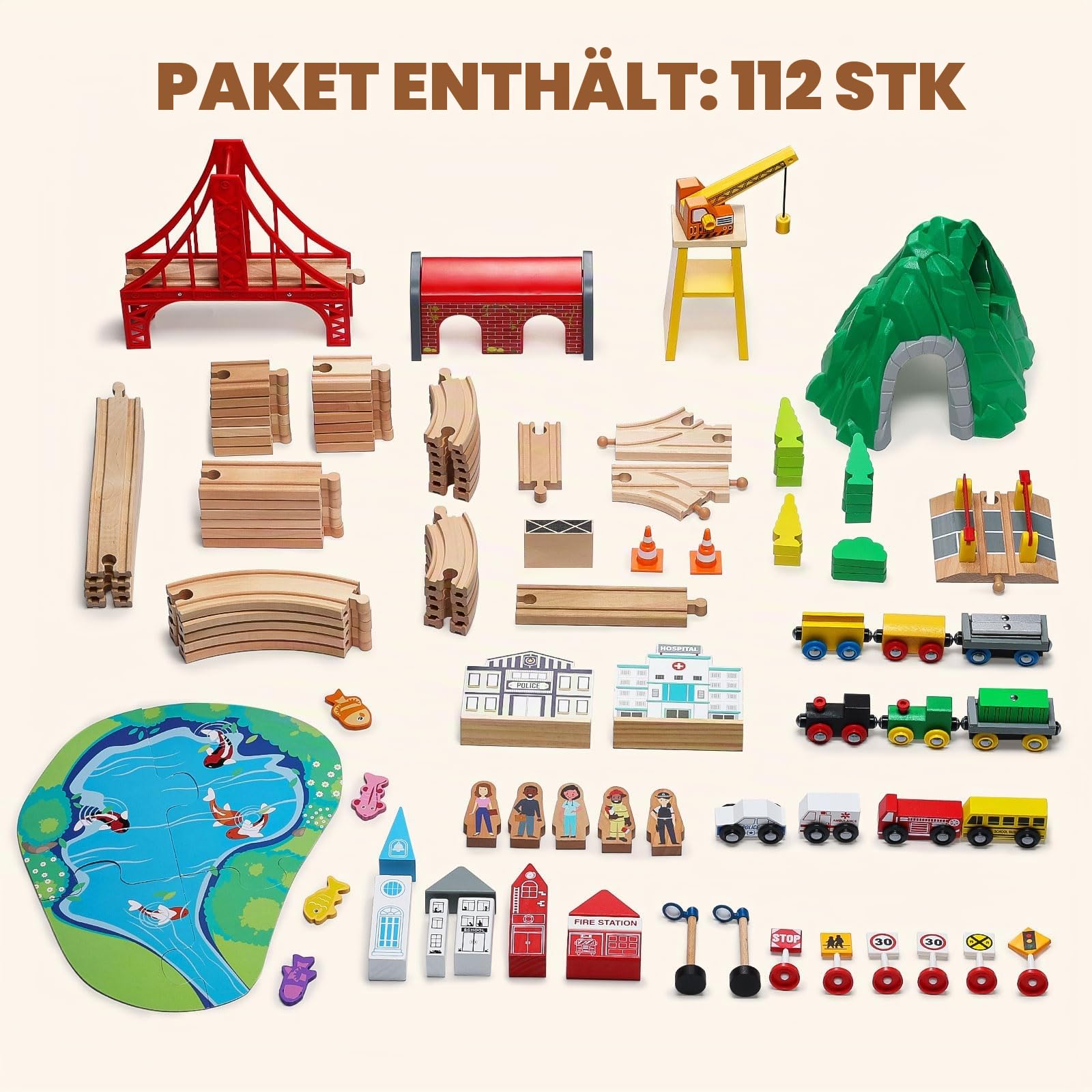 SainSmart Jr. Holzeisenbahn Set 112 Teile, Großes City Zugset mit Brücke, Tunnel, Kompatibel mit Brio, Thomas & Melissa & Doug, Geschenk für Kinder ab 3 Jahren