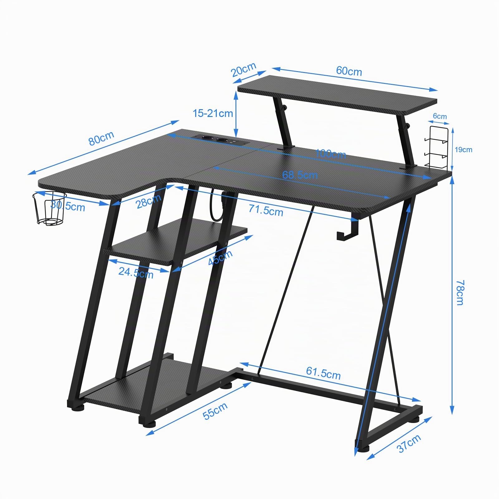 Bureau Gaming LED 100x80 cm, Table Gamer avec Rangement, 2 Prises Electriques et 2 Ports USB