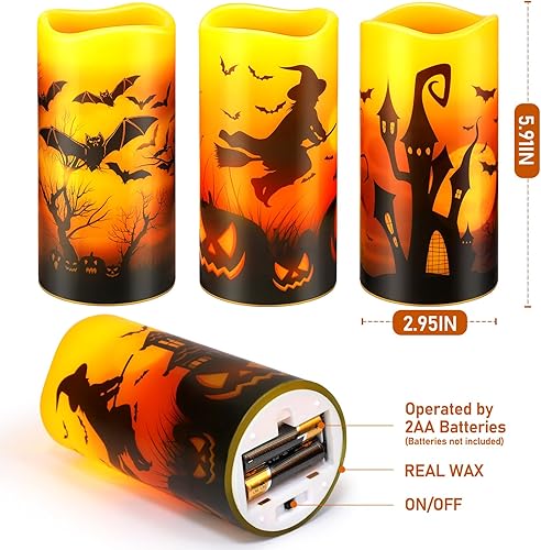 Miniatura 4 de Velas LED sin llama de Halloween, 3 unidades, decoración de Halloween, funciona con pilas, juego de 3 velas rústicas de pilar de cera real con