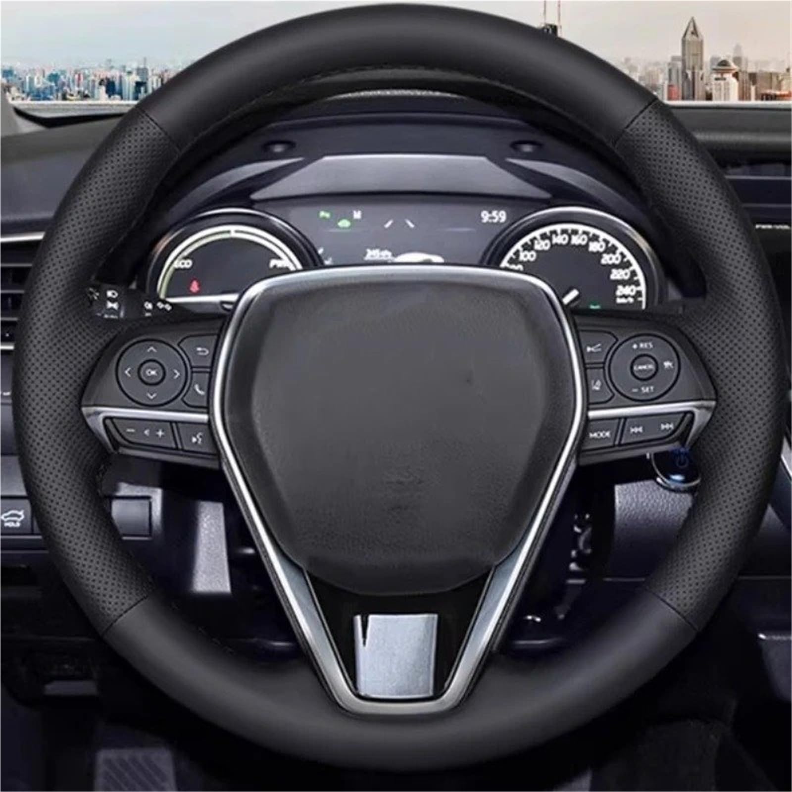 Funda para Volante De Coche para Toyota para Avalon para Camry para Crown para RAV4 2018-2022 Protector para Volante de Coche Cuero Genuino Blanco y Punto