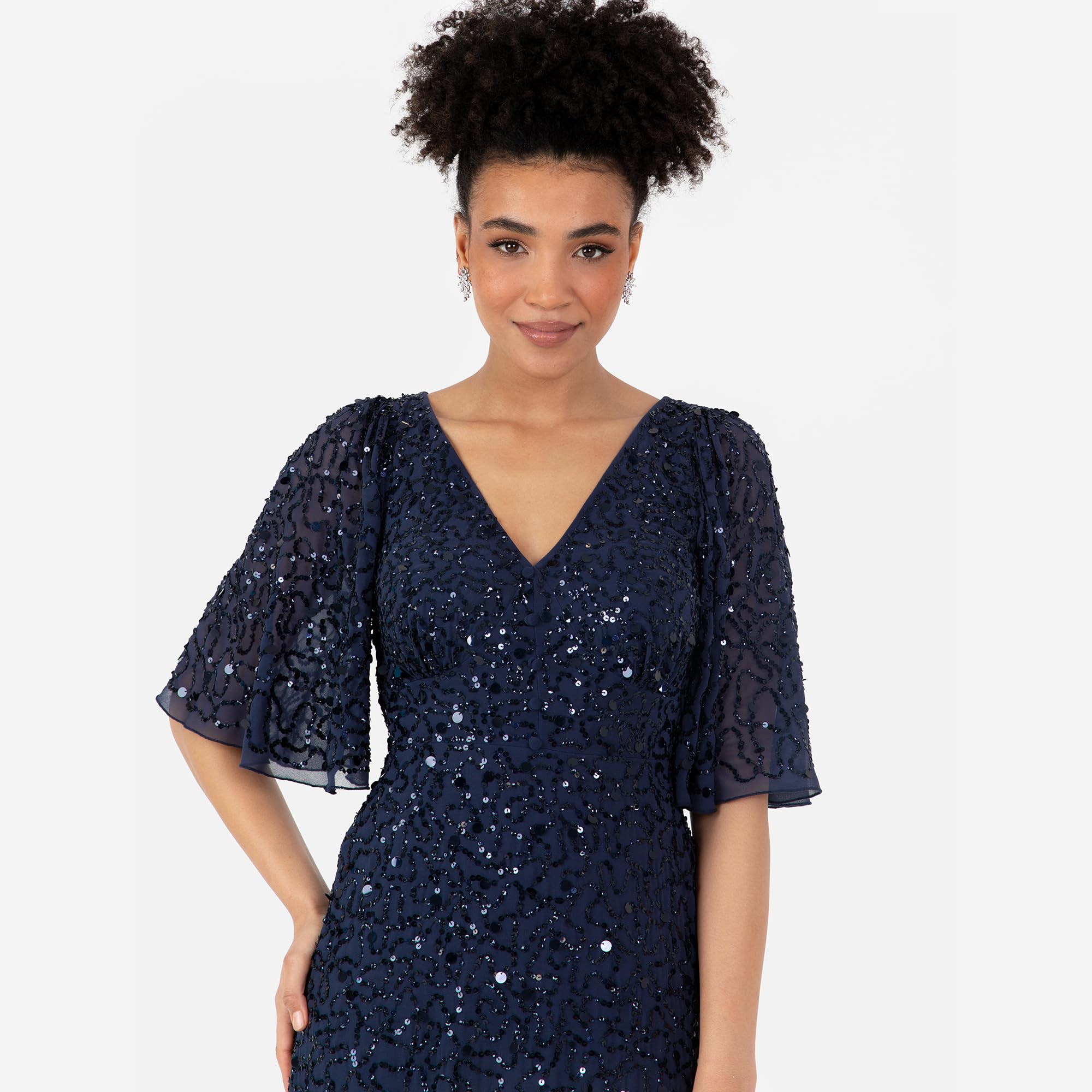 Maya Deluxe Damska sukienka maxi, dekolt w serek, krótka sukienka aniołowa, wybijana linia A Bridesmaid Wedding Guest Prom Ball Gown, granatowa, 44, granatowy, 44