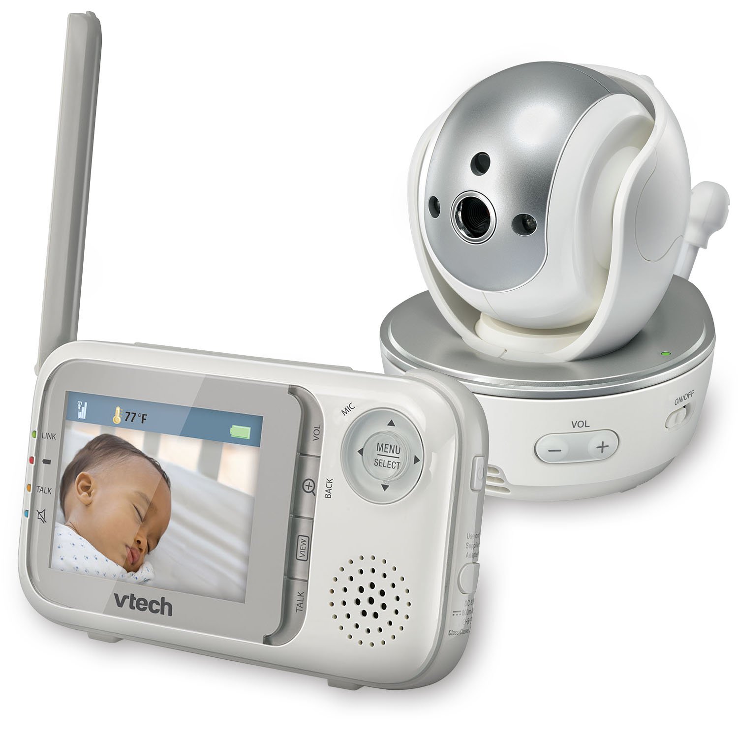 Front view of the VTech VM333 Parent Unit, showing the 2.8-inch color LCD screen displaying a sleeping baby, with control buttons on the right side.