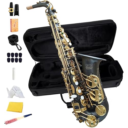 E-flat alto saxophone - box, mouthpiece, whistle, black and gold E-flat saxophone instruments