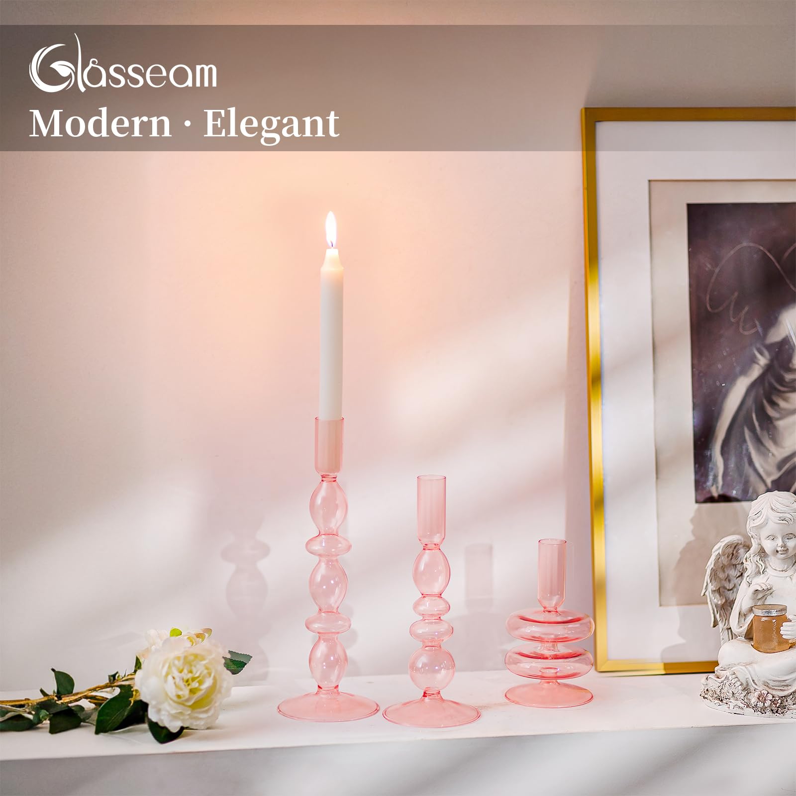 Glasseam Bougeoirs en Verre Rose, Bougeoirs De NoëL éLéGants pour La DéCoration du Salon, Mariage, FêTe Et DéCoration D'IntéRieur.