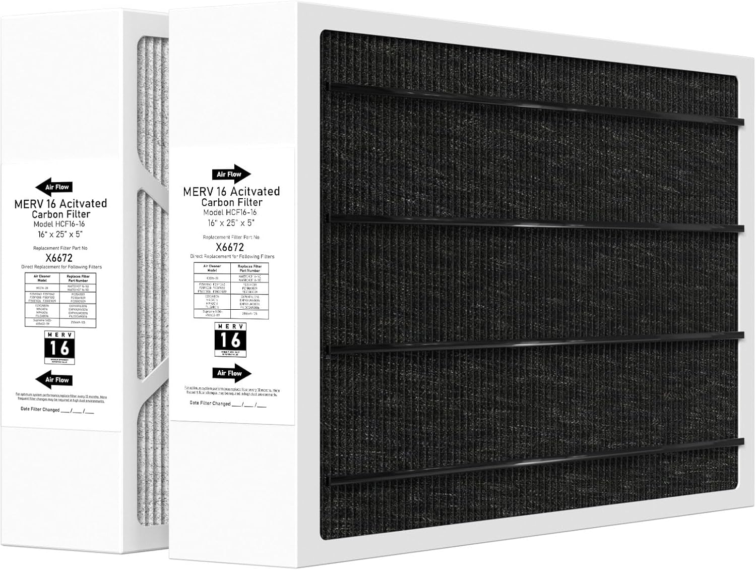 X6672 16x25x5 MERV 16 Furnace Air Filter Compatible with Lennox Healthy Climate X6672 Carbon Clean Merv 16 Home Furnace Filter for HVAC System, Part Number HCF16-16, 2 Pack