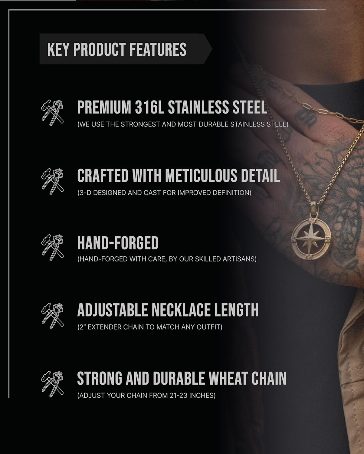 Forge & Foundry Men's Stainless Steel Compass Pendant with Adjustable 21" Necklace Chain | Design-led, artisan jewelry from London