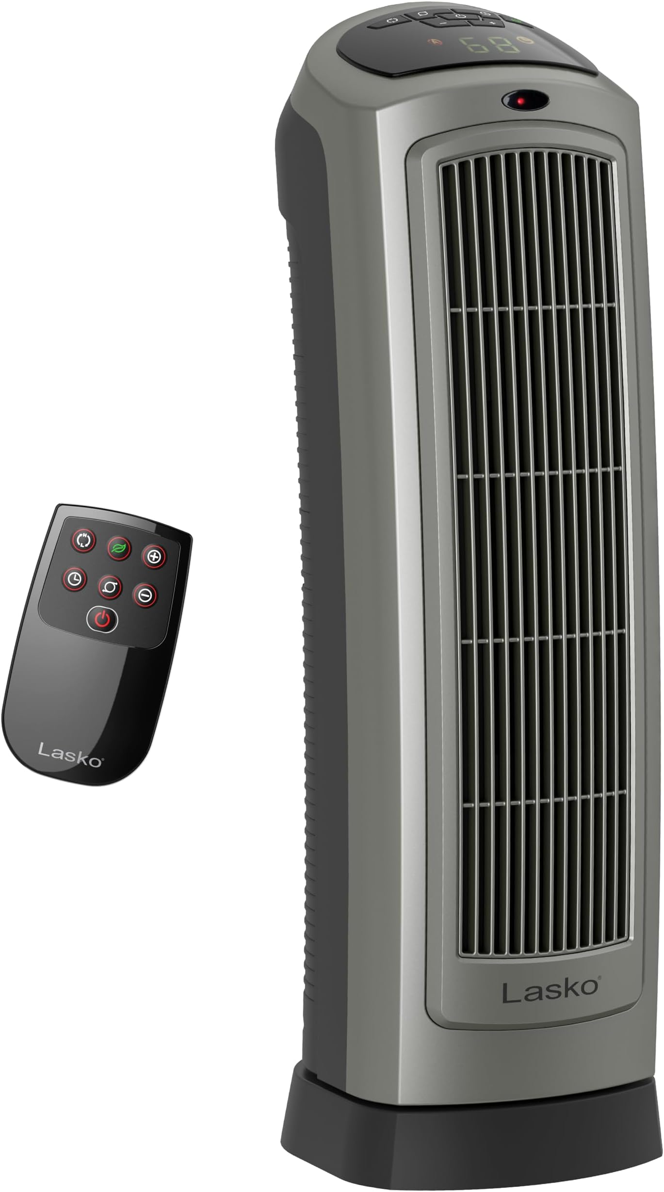 Lasko Portable Oscillating Ceramic Space Heater Tower with Digital Display, Remote Control, 2 Heat Settings and 8 Hour Timer, Gray