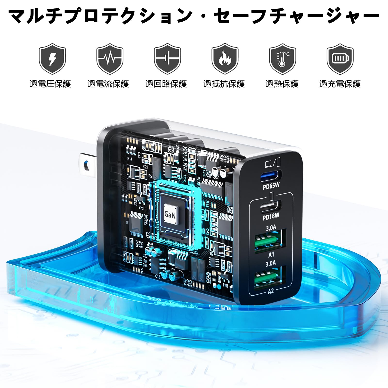 USB充電器/4ポート(Type-C×3、USB-A×1) GaN採用 Amazon | 65W USB C充電器 タイプC GaN 急速充電器 4ポート搭載