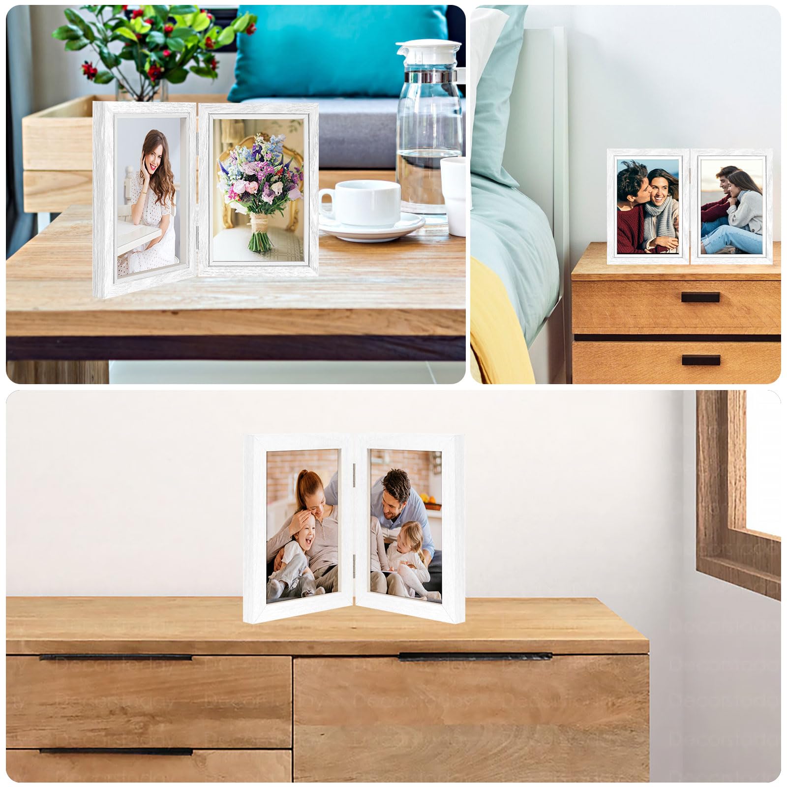 Gatphy Double Sided Photo Frame 4x6 Hinged Folding Wood Picture Frame with Definition Glass Stand Hinged Photo Frame Vertical on Desktop Folding Family Frames Collage Hold 2 Photos (Double White) - Image 4
