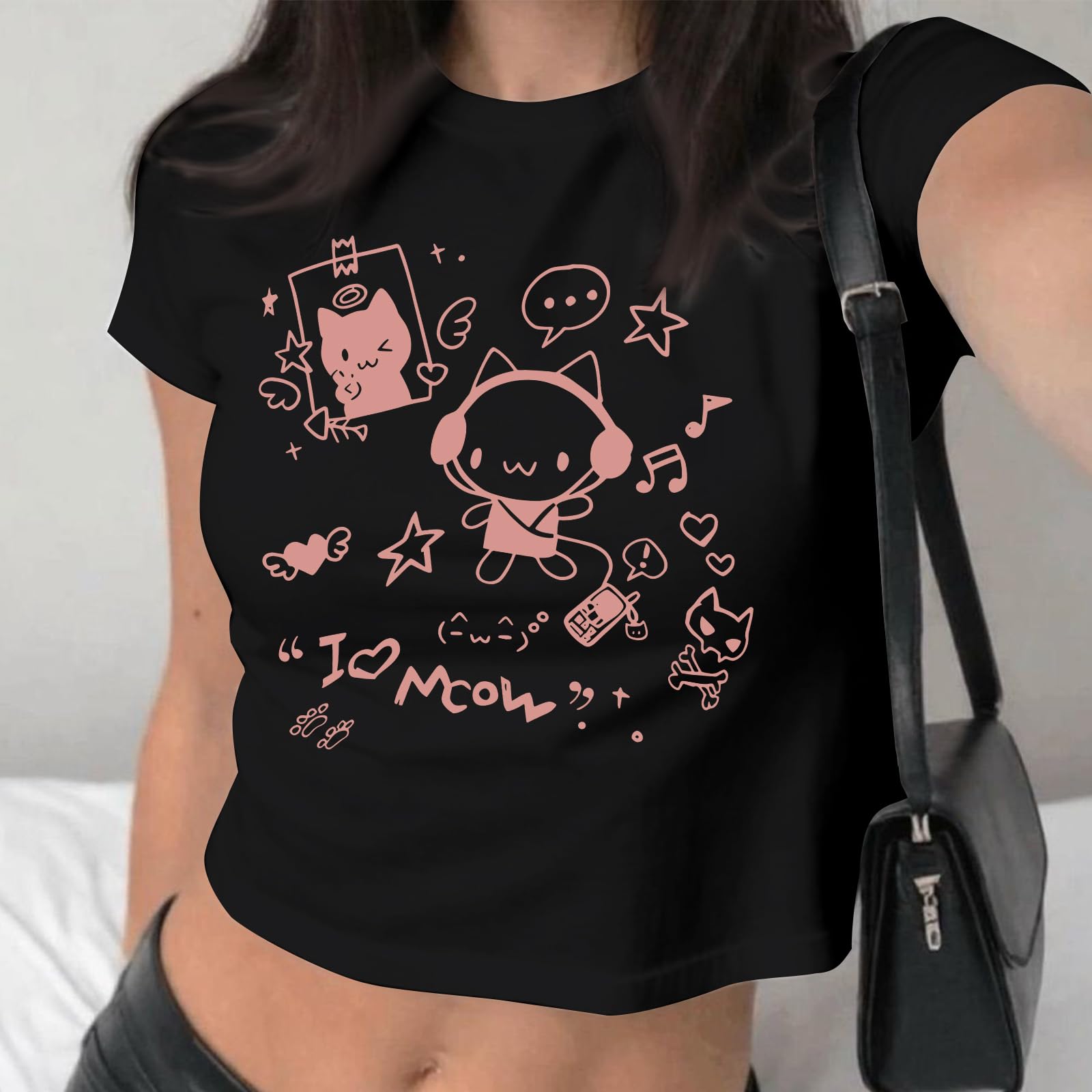 Oiiaayy Cute Baby Tees for Women Cat Kawaii Y2k Graphic Crop Top Harajuku Cartoon T Shirts Teen Girls Aesthetic Grunge Shirts: Black Small