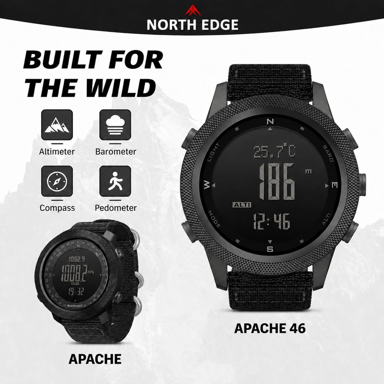 NORTH EDGE Apache Outdoor Digitaluhr Herren, 50M, Kompass | ABC-Outdooruhr, 50M wasserdicht, Höhenmesser, Barometer, Kompass, Schrittzähler, EL-Licht