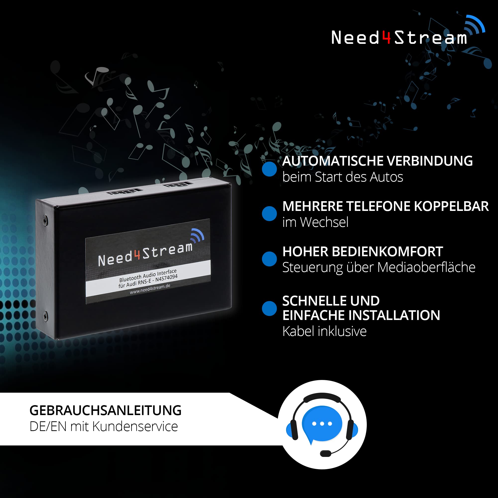 N4S74094 Bluetooth Adapter Auto mit Titelanzeige für RNS-E, Audio Adapter kompatibel mit Audi A3 (8P), Audi TT (8J), Audi R8 (420), Lamborghini Gallardo, Seat Exeo, iPhone und Android