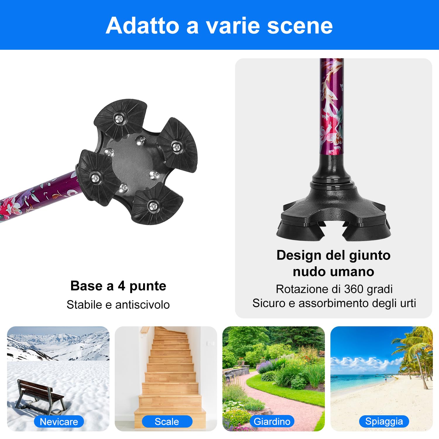 supregear Bastone per Anziani, Self-Standing 4 Zampe Bastone da Passeggio Pieghevole per la Mobilità Robusto, 5-Livello Altezza Regolabile con T-Maniglia e Anti-Perso Polso Cinghia