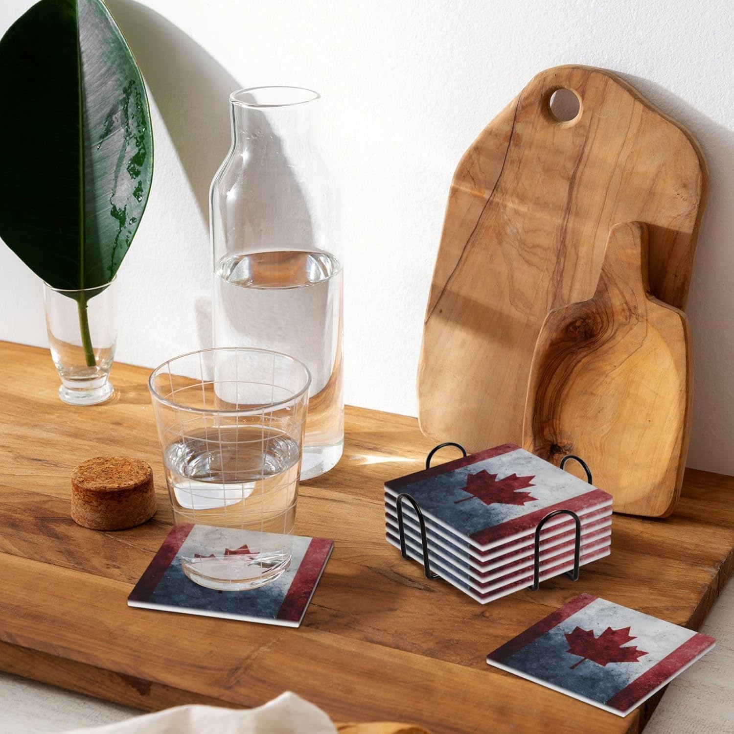 (Canada Flag) Ceramic Coasters Set of 6 with Holder Non-Slip Square Coffee Coasters for for Cup Mug Drink Patio Coffee Table Decor, Christmas Coasters Home Bar Supplies