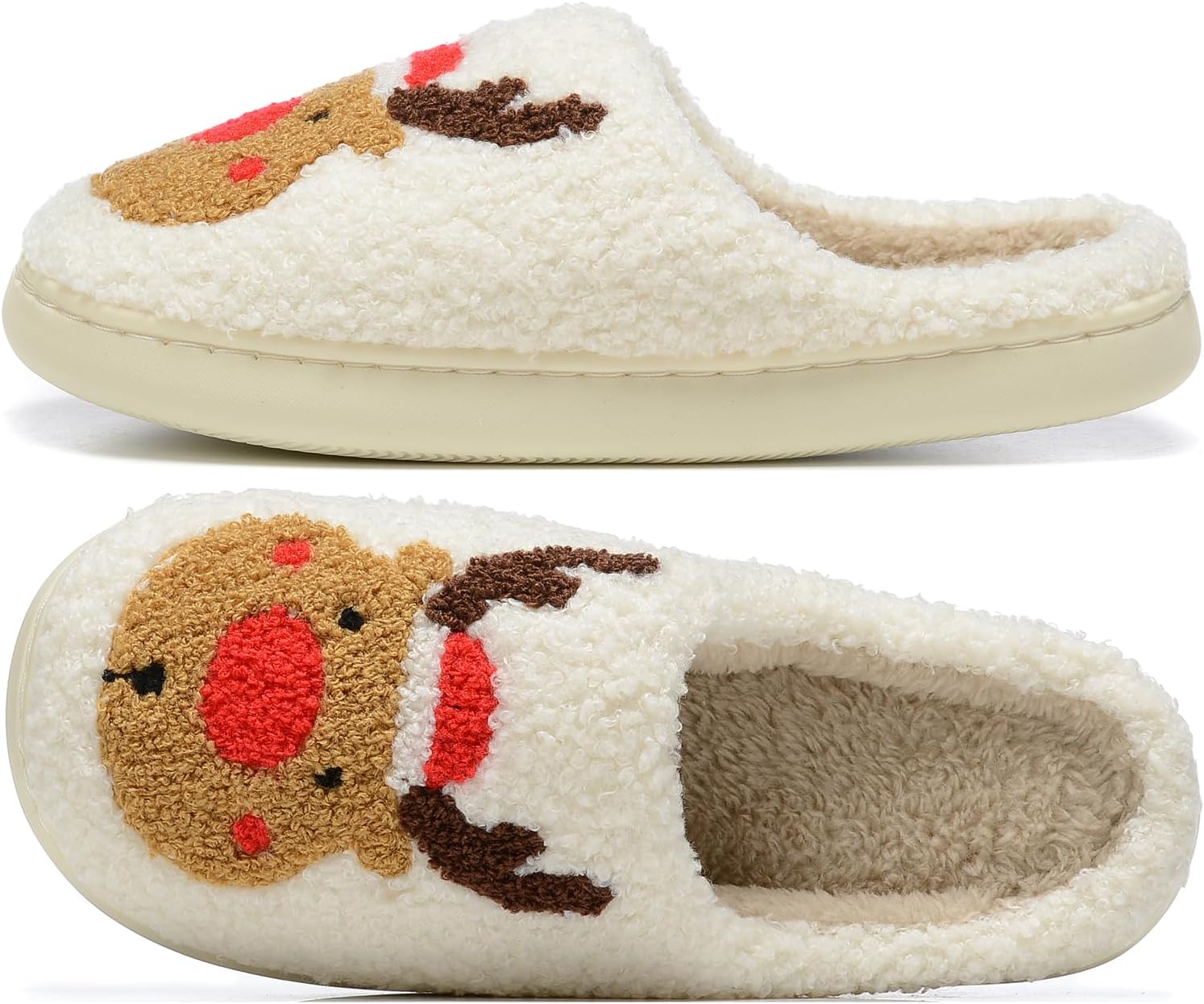LIONPARK Women Christmas Elk Xmas Slippers: Red Moose Cute Cartoon Fuzzy Warm House Men Slippers Winter Soft Cozy Non-Slip Memory Foam Indoor Outdoor Shoes B(M) 5.5-10.5 D(M) 5-11