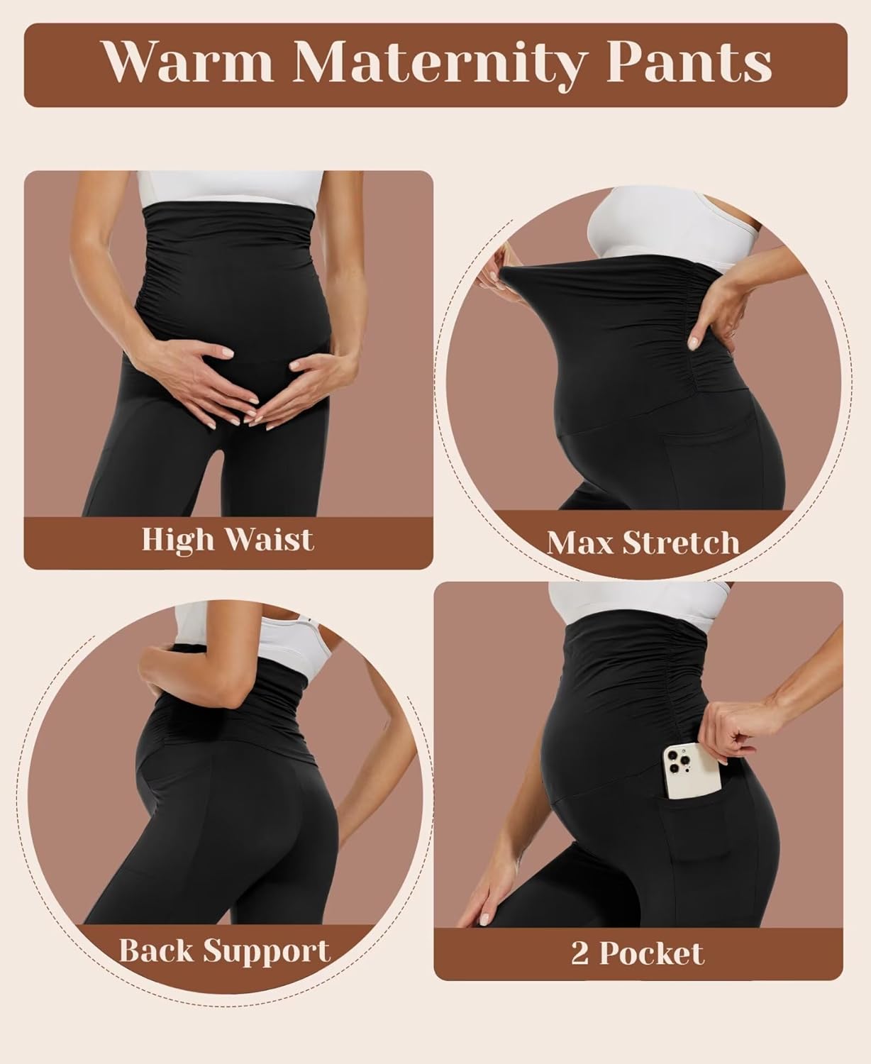 UBCUTE Maternity Fleece Lined Leggings with Pockets Over Belly,Thermal Womens Pregnancy Workout Pants Warm Winter - Image 4