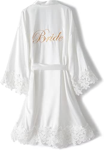 Crystal Dew Women's Lace Trim Bride Kimono Robes with Embroidery