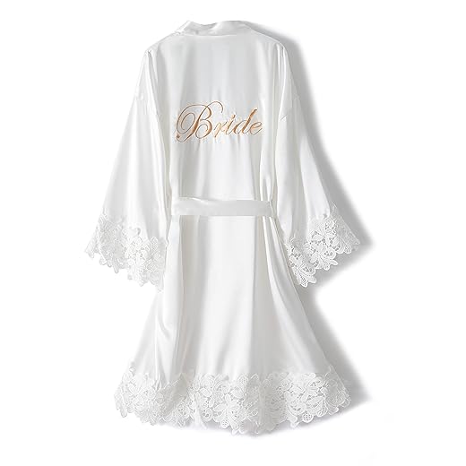 Crystal Dew Women's Lace Trim Bride Kimono Robes with Embroidery Bridal Silky Satin Bathrobe Wedding Party Sleepwear