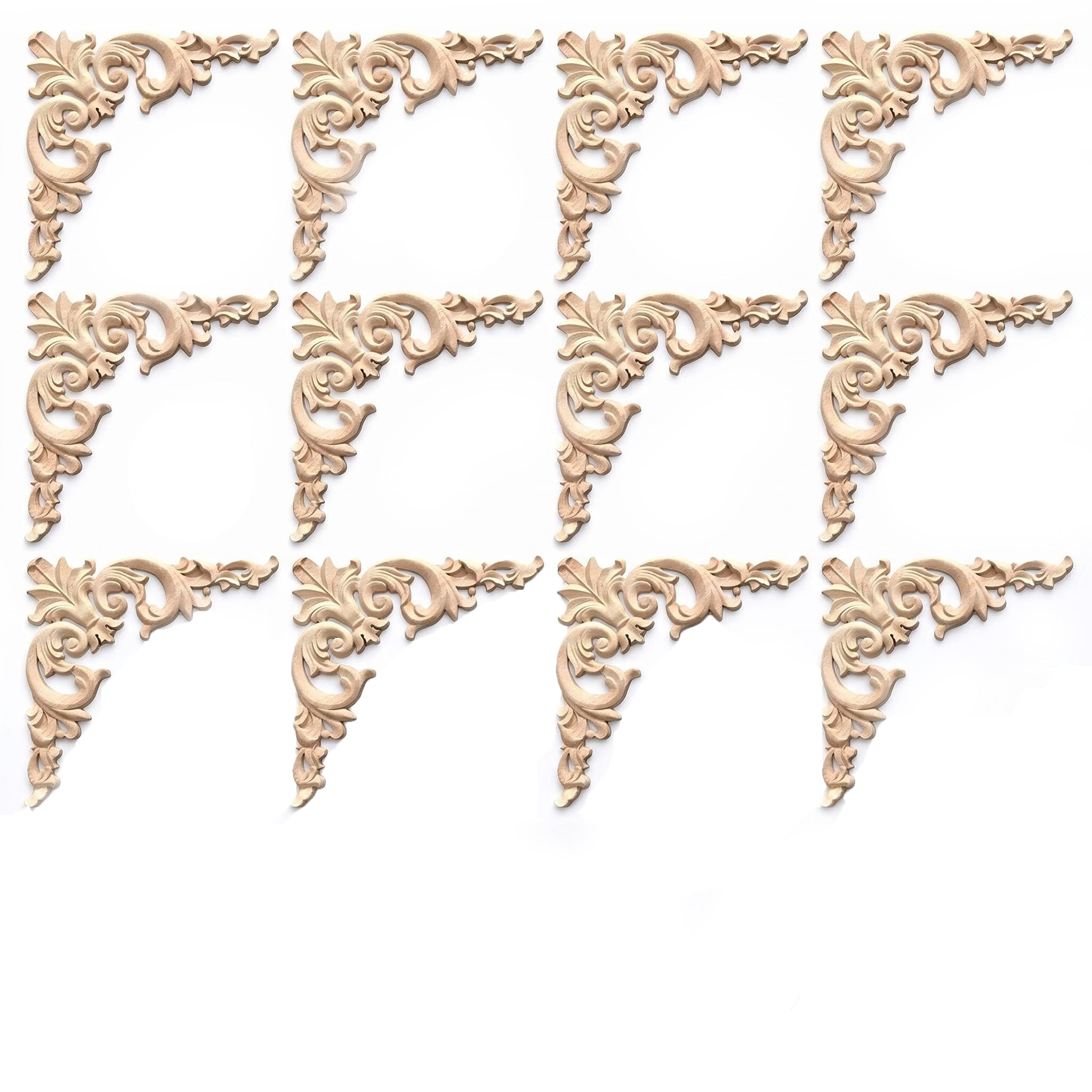 Wooden Appliques Set, 12 Pcs Unfinished Wood Carved Corner Onlay Decorative Mouldings, Wood Trim for Furniture Cabinet Mirror Wall Decor DIY Craft