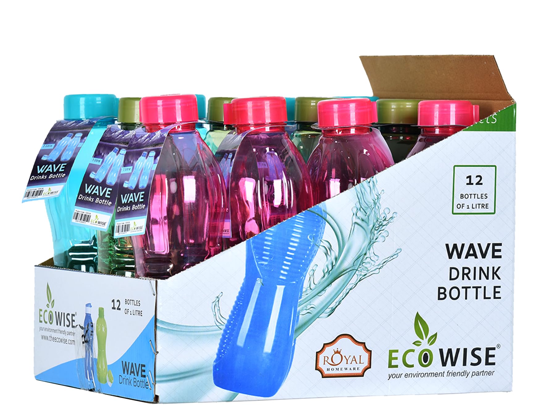EcoWise Reusable Plastic Water Bottles - 1 Litres, 12-Pack, Drinking Juice Wave Design Water Bottles with Leakproof Cap, Lightweight, Durable & BPA-Free for Home Office School Outdoor Sports Gym