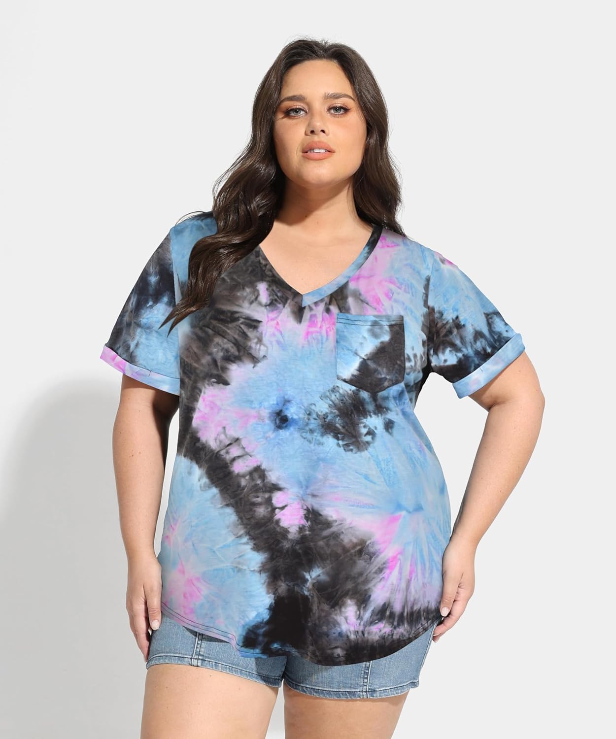 RITERA Plus Size Tops for Women Tie Dye Summer T Shirts V Neck Short Sleeve Casual Tee Tops with Front Pocket XL-5XL - Image 2