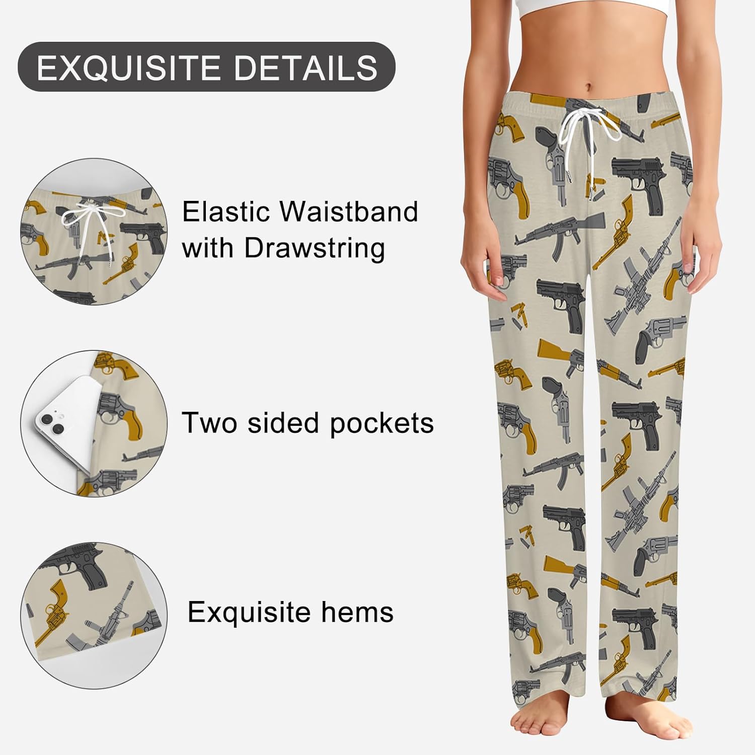 SARA NELL Retro Guns Pajama Pants – Vintage Silhouette Print Lounge Wear, Cozy Unisex Sleepwear for Men and Women - Image 3